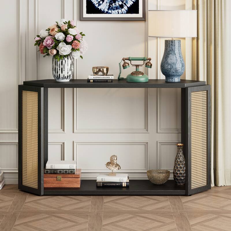 Narrow Console Table with Open Shelf,Black