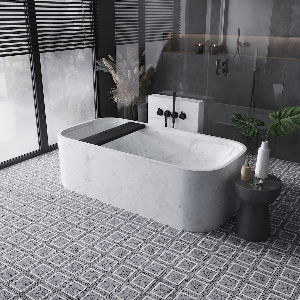 Apollo tile 12 x 12 Stellare Honed Light Gray White Terrazzo, Dolomite Marble Tile (5 sq ft/case) - 5 Pack