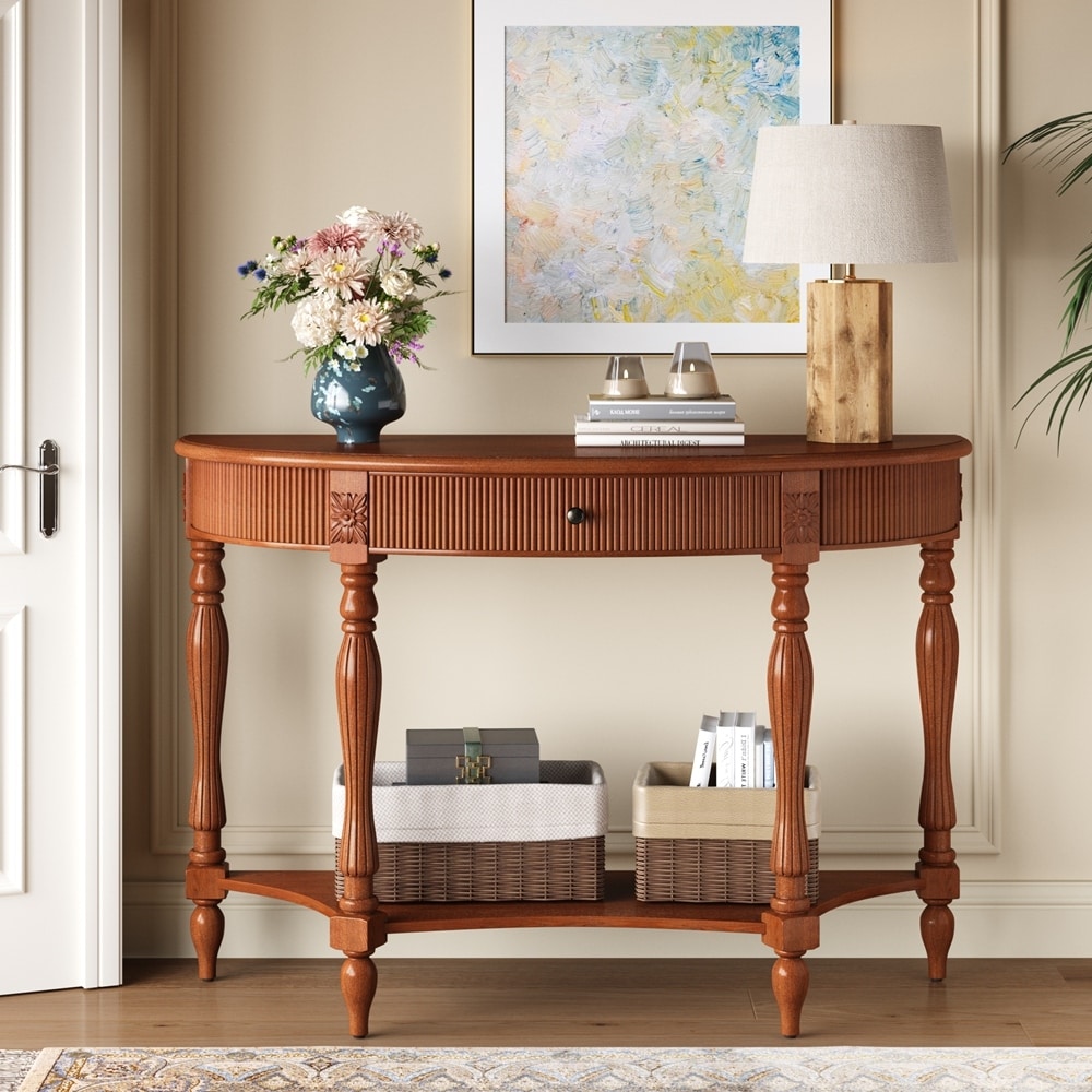 Narrow Solid Wood Half Moon Console Table with Drawer and Shelf