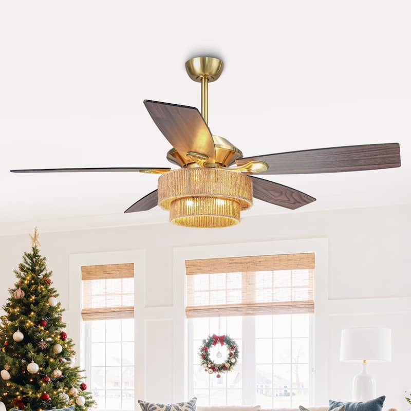 52" Farmhouse Natural Rope Reversible 5-Blade Gold Ceiling Fan with Remote