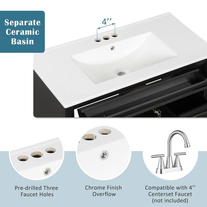 36" Bathroom Vanity with Ceramic Sink, Freestanding Bathroom Vanity Cabinet with Flip-Out Drawer, 3 Drawers & 2 Soft-Close Doors