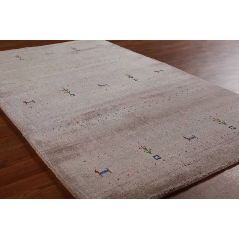 Hand Knotted Oriental 100% Wool Carpet Tribal Animal Pictorial Beige & Ivories Gabbeh Area Rug - 5' 0'' X 3' 0''