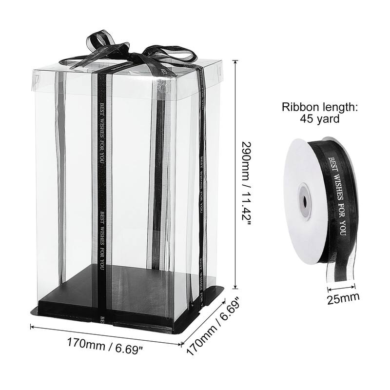 Clear Cake Box with Ribbon, 6Pcs 7"x7"x5" for 4 Inch Cake Packing - Black - 7"x7"x11"