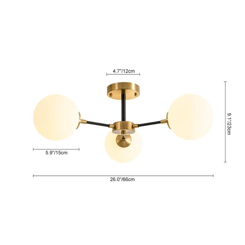 3-Light Brass Black Frosted White Glass Sputnik Semi Flush Mount - 26 Inches