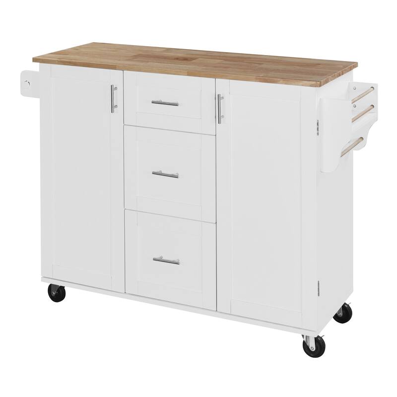 50'' Rubber Wood Kitchen Island with 3 Drawer, Rolling Wheels, 2 Slide-Out Shelf and Internal Storage Rack