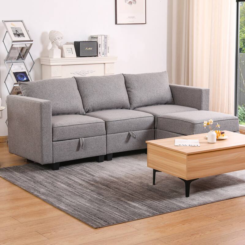 87" Burlap L-Shaped Modular 3-Seater Sofa with Ottoman & Storage