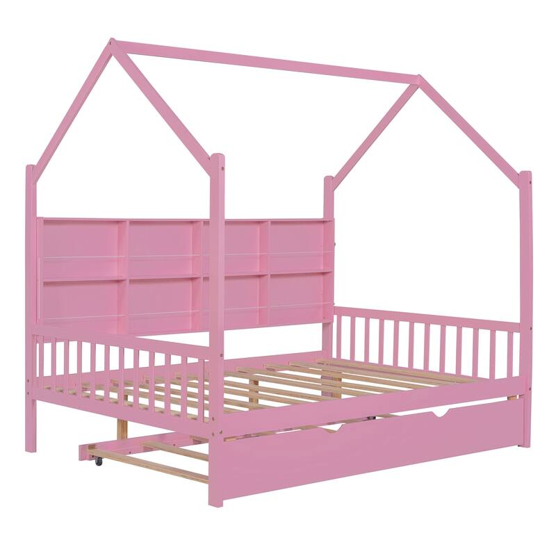 Pine House Bed with Trundle & Storage Shelf