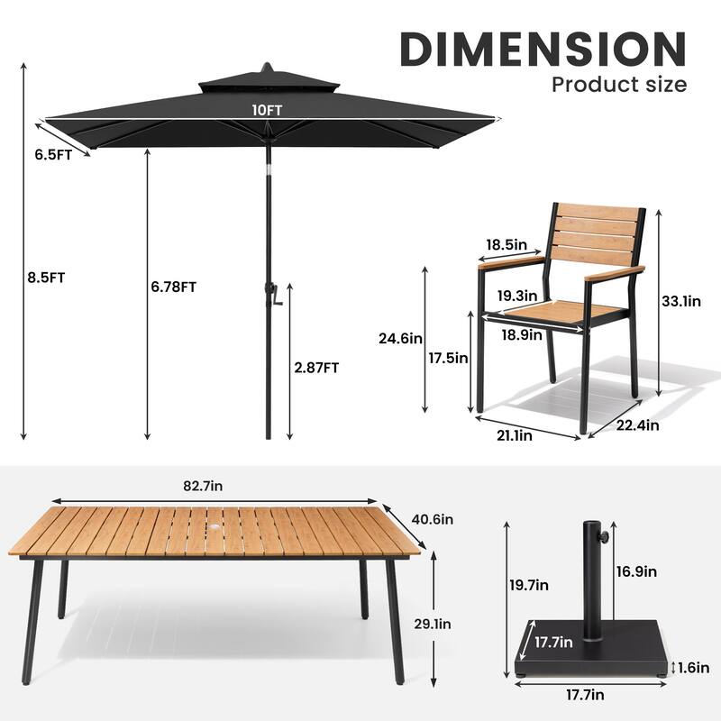 11-Piece Patio Dining Set w/10 ft Umbrella and Base, Rectangle Aluminum Table and 8 Stackable Chairs