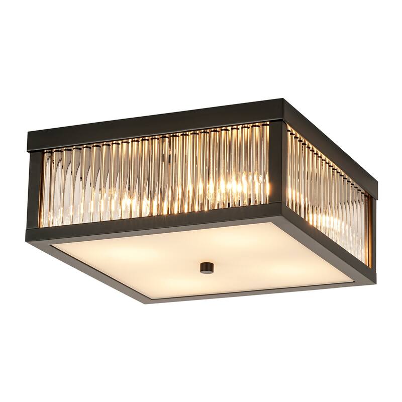 12.2 in. 4-Light Industrial Black/Gold Square Flush Mount Ceiling Light with Clear Glass Rods