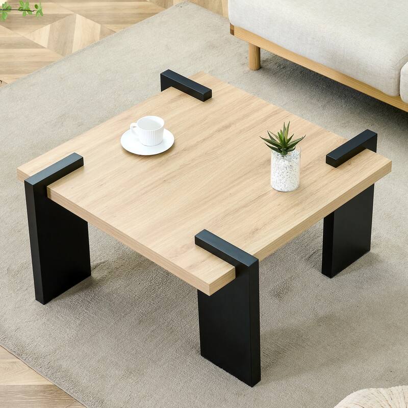 Modern Minimalist Coffee Table Square Coffee Table with Black Legs and Natural Wood Tabletop, for Living Room