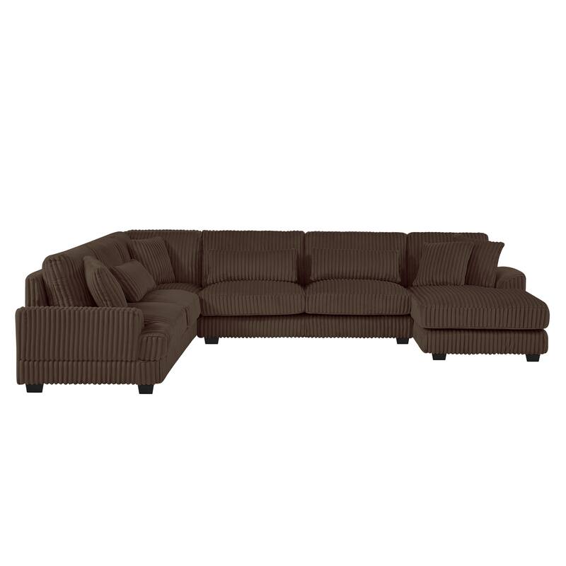 U-Shaped Sectional Sofa with Chaise Lounge, Oversized Corduroy Upholstered Sofa, 5 Seater Sofa with Removable Throw Pillows
