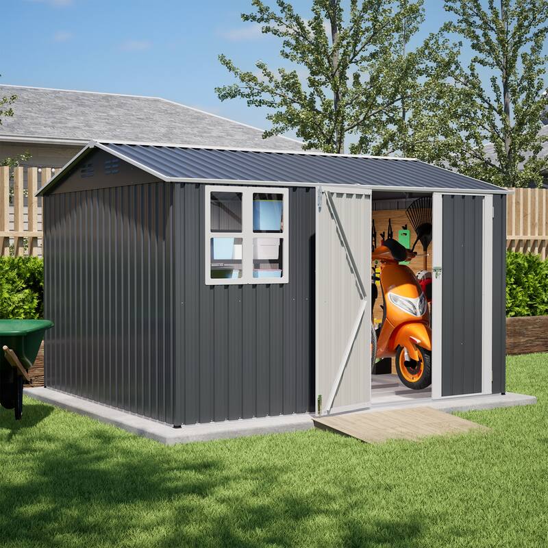 10X8FT Outdoor Steel Storage Shed with Clear Window, Lockable Doors, Weather-Resistant Metal Tool Shed, Gray