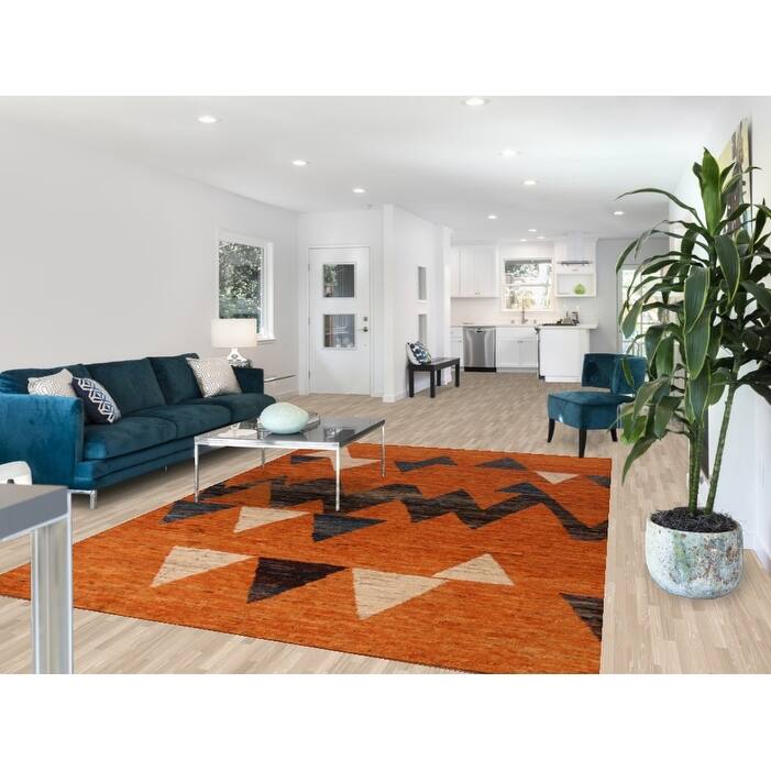Geometric Orange Moroccan Oriental Rug Hand-Knotted Wool Carpet - 6'10" x 9'10"