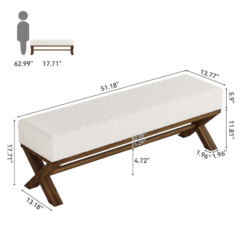 Upholstered Entryway Bench, 51.18-Inch Solid Wood End of Bed Bench