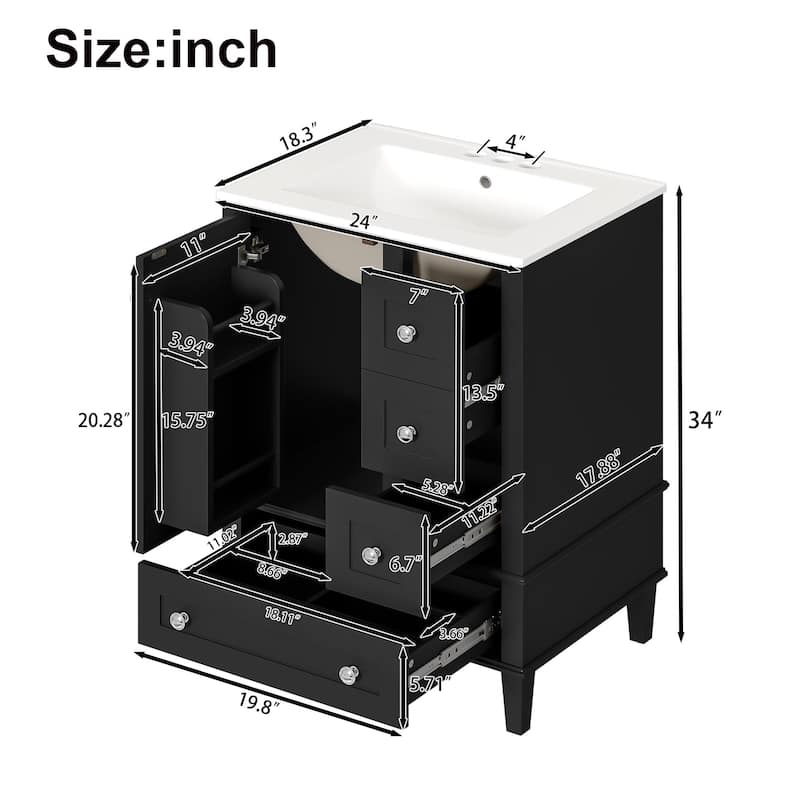 24" Bathroom Vanity with Integrated Ceramic Sink, Soft-Close Drawers and Door, Cabinet with Door Storage Rack