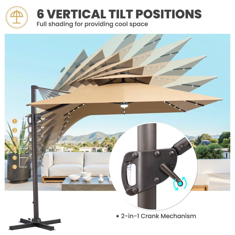 11 FT Square Outdoor Premium Double Top Solar Powered LED Patio Cantilever Umbrella