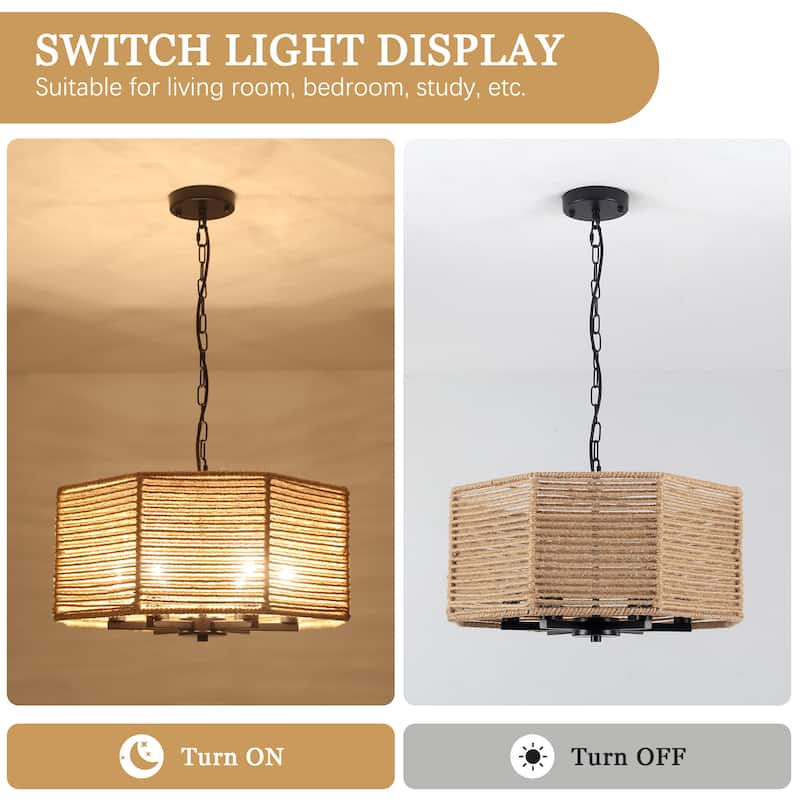 18.89-inch Bohemian-style 6-light octagonal metal chandelier with twine lampshades and adjustable height
