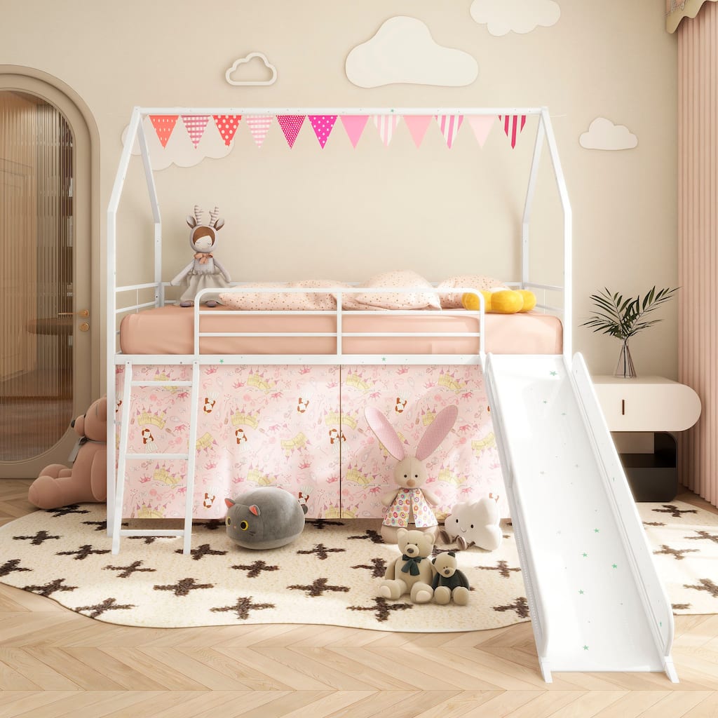 Metal Junior House Twin Loft Bed with Slide and Curtain Set and Pennant Banner Flag and Star Stickers