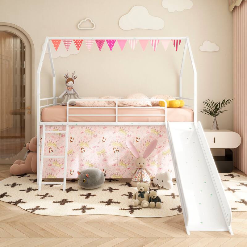 Metal Junior House Twin Loft Bed with Slide and Curtain Set and Pennant Banner Flag and Star Stickers - White+Pink