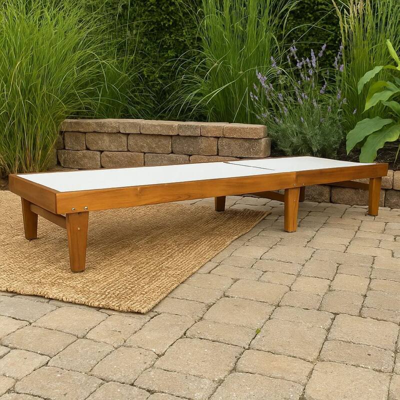 Liam Outdoor Chaise Lounger, Ergonomic White Mesh Seat, Brown Acacia Wood