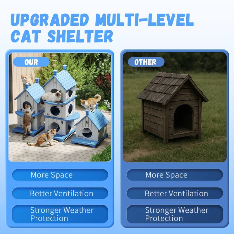 Slanted Roof Cabin Pet House with Porch, Multi-Level Stackable Shelter for Indoor Outdoor Use, for Cats Small Dogs Rabbits
