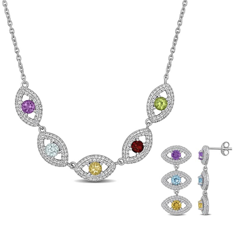 Miadora 6.9ct TGW Multi-Gem Triple Eye Necklace Drop Earrings Sterling Silver