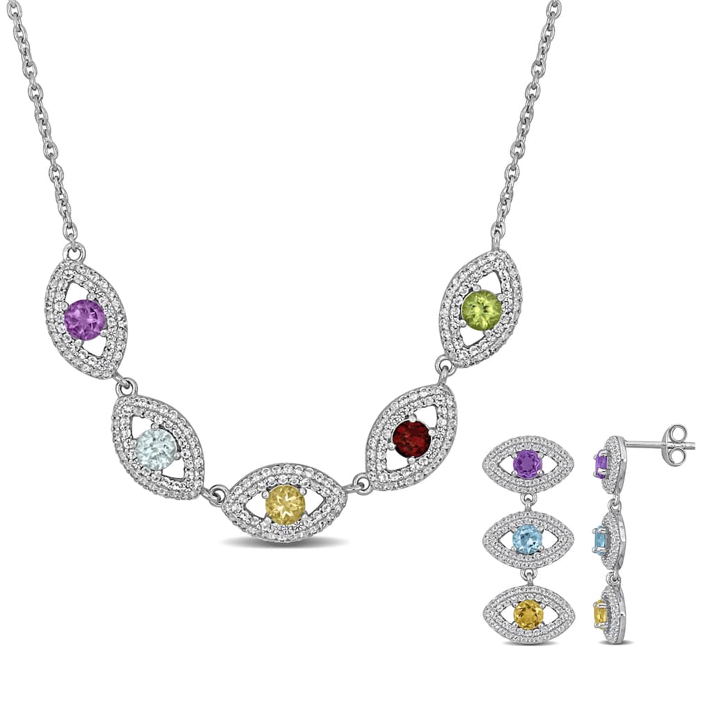 Miadora 6.9ct TGW Multi-Gem Triple Eye Necklace Drop Earrings Sterling Silver