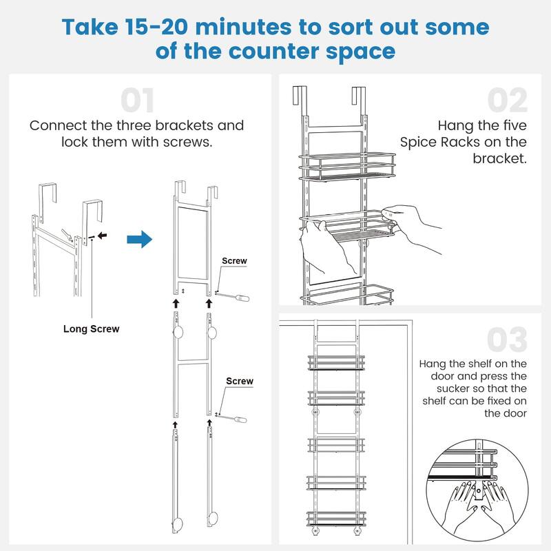 Adjustable 5-Tier Over the Door Pantry Organizer, Spice Rack, Narrow Hanging Shelf for Kitchen Storage and Organization