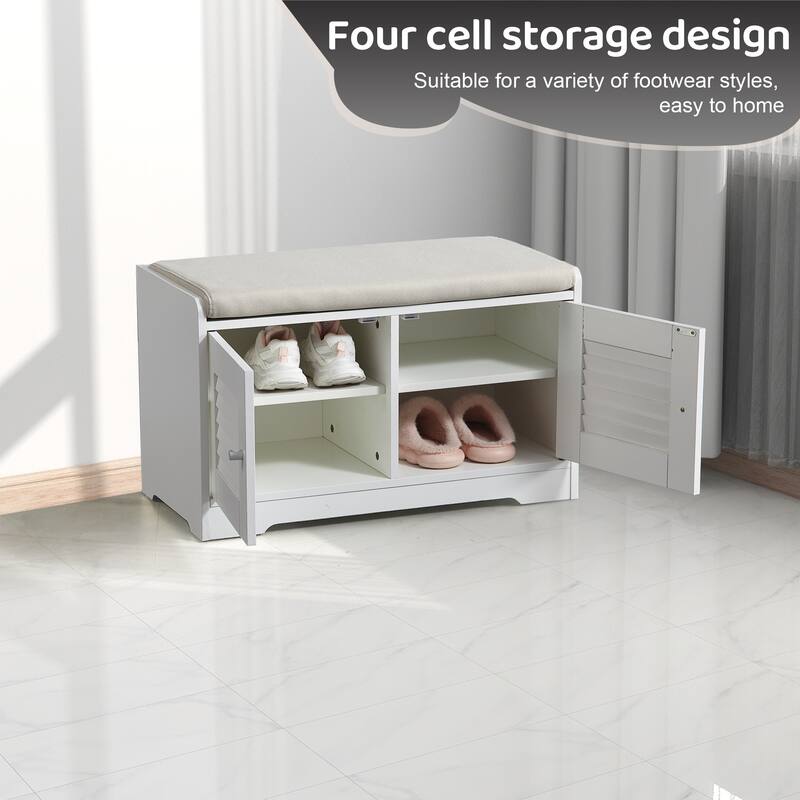 Anmytek Entryway Storage Bench with Cushion Shoe Organizer Seat for Small Spaces Modern White