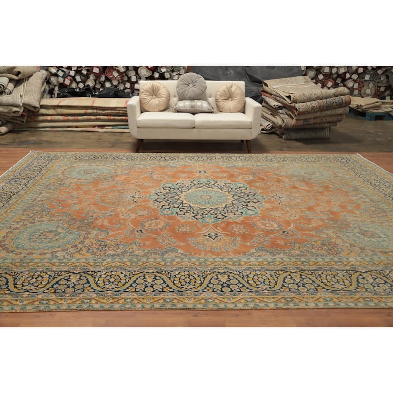 Hand Knotted Oriental 100% Wool Carpet Traditional Floral Oranges & Rust Kerman Area Rug - 13' 7'' X 10' 0''