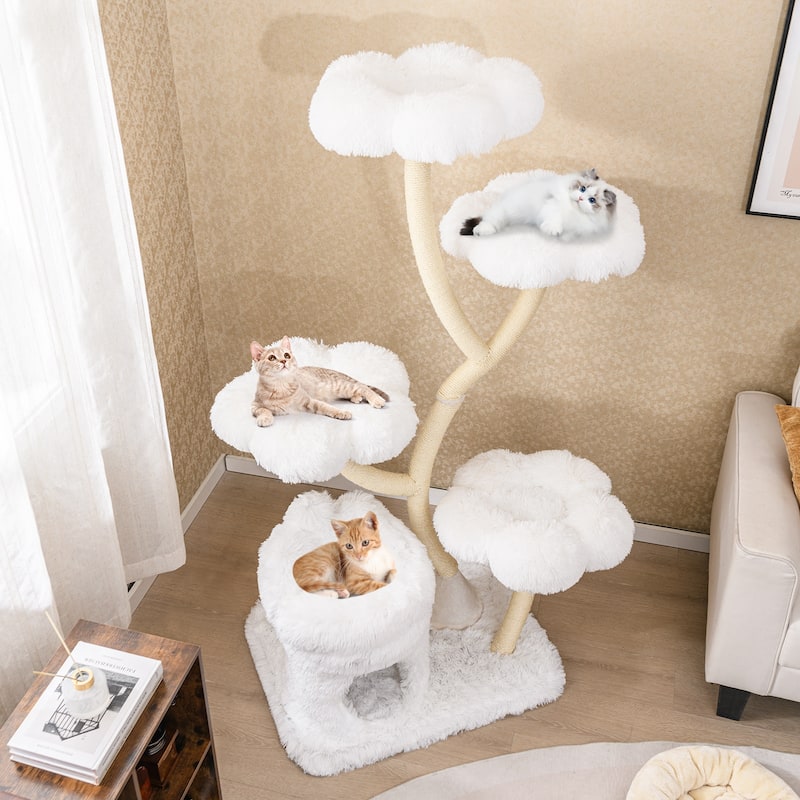 White Wood Plush Cat Tower with Condo, Sisal Posts and Flower Platforms - Overall Height: 65"