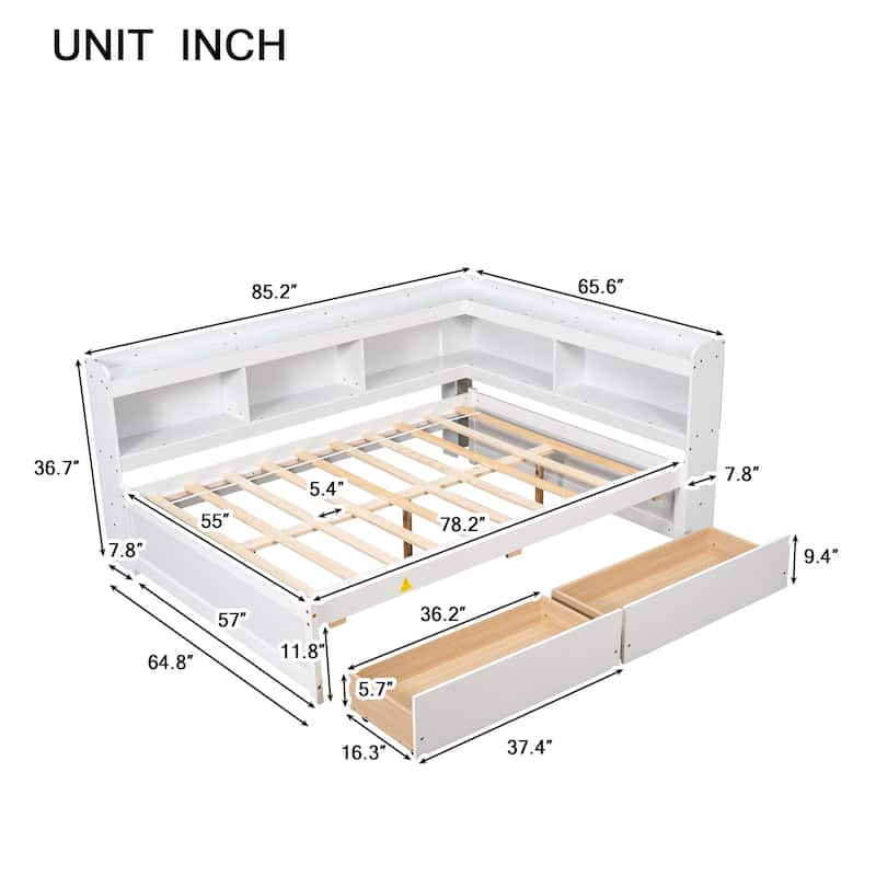 Full Bed with L-shaped Bookcases for bedroom, Drawers