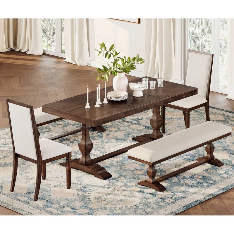 5-pieces Farmhouse Dining Table for 6, 74.8" Kitchen Table Set with 2 Benches and 2 Chairs, Solid Wood Legs and Cushion Seat