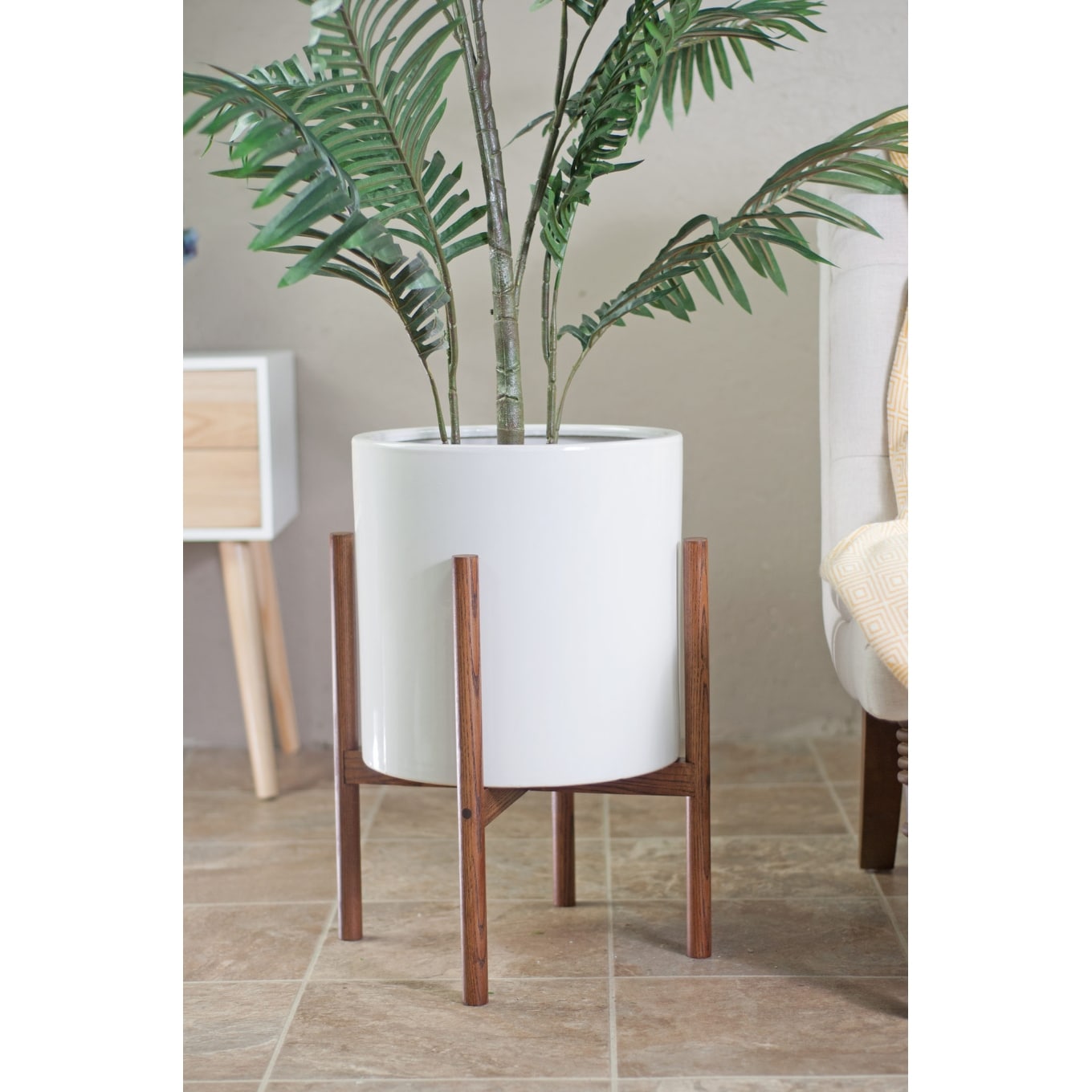 Mid Century Modern White Ceramic Planter With Wood Stand Overstock 28645702 White