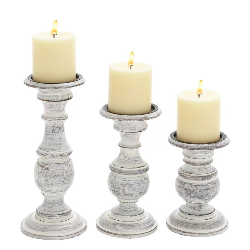 Solid Wood Candle Holder with Distressed Details,Set of 3