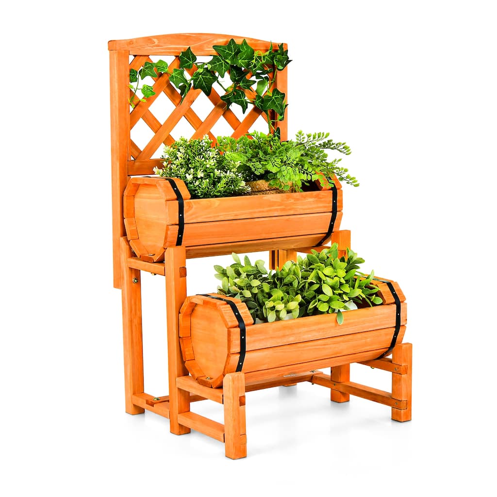 Gymax 2-Tier Wooden Raised Garden Bed Container w/2 Cylindrical