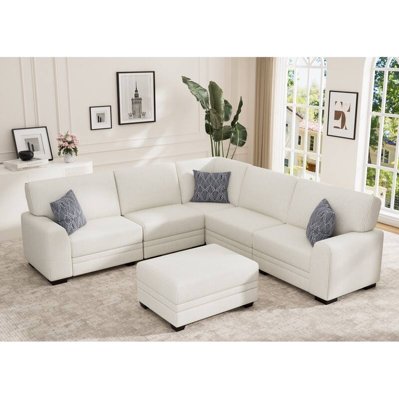 6 Piece Modular Corduroy Sectional With Ottoman - Cream