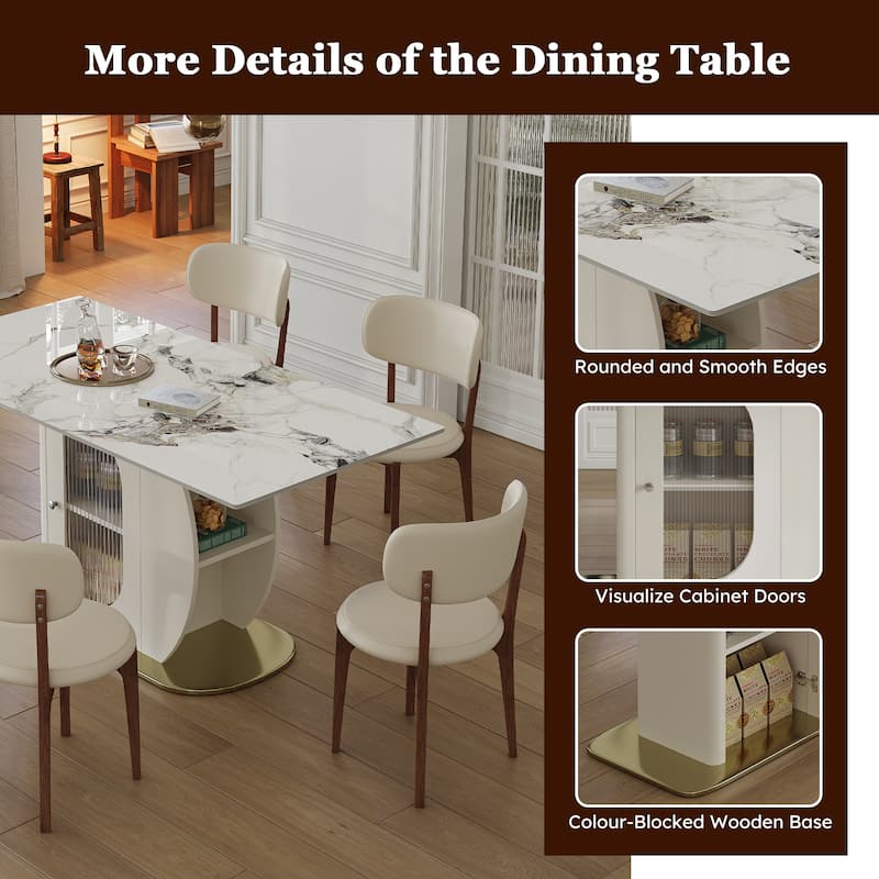 Roomfitters 63 Inch Dining Table Set with Chairs, Sintered Stone Kitchen Desk with Storage Cabinet, White & Gold