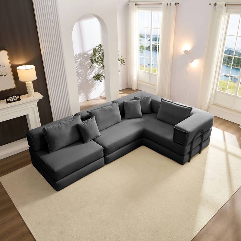 118.2" Oversized Modular Foldable Floor Sofa Couch, Corduroy Upholstered Convertible Sectional Sofa Bed w/ Pillows for Apartment