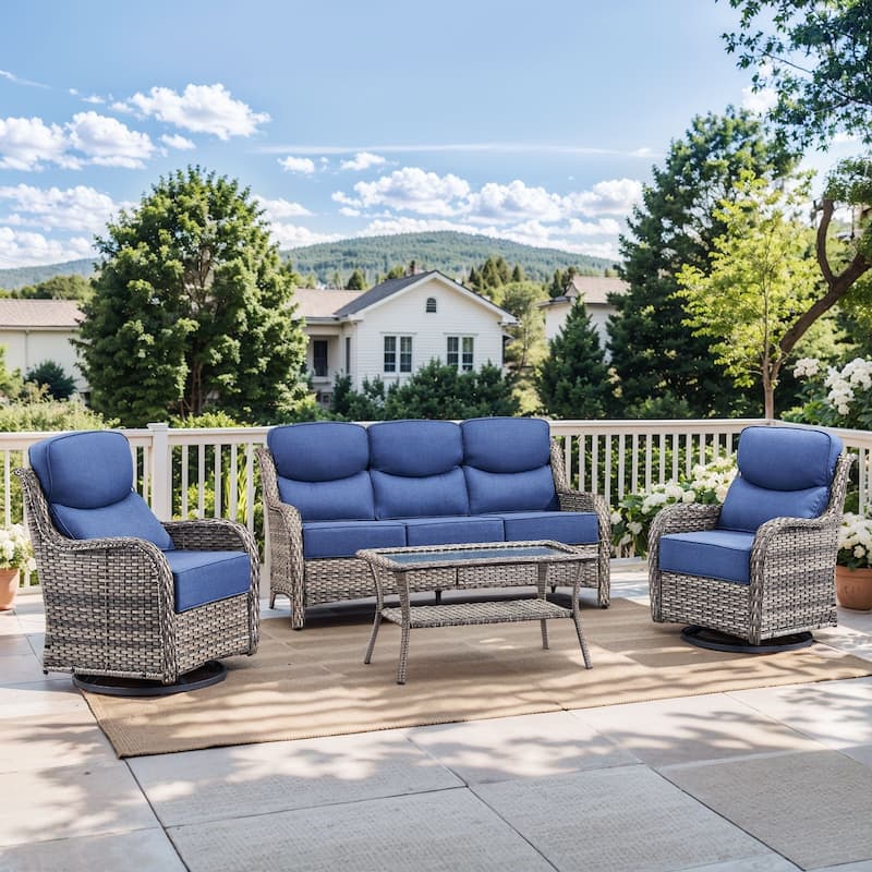 Outdoor Sofa with 6-Inch Thick Cushions Furniture for Porch - Grey Wicker Blue Cushion - 4PCS Sofa w/ Swivel Chair Table