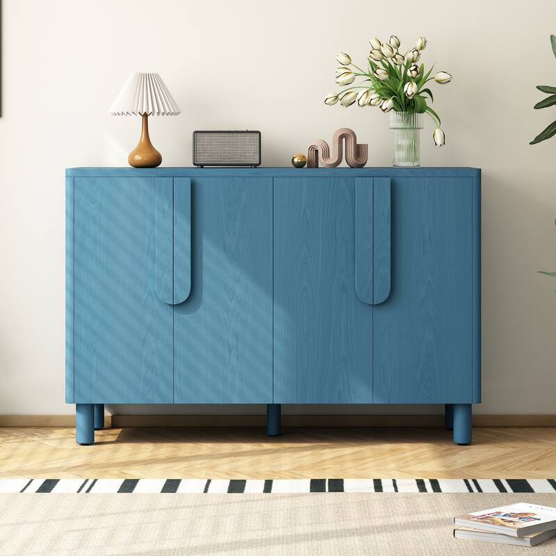 Modern 4-Door Buffet Cabinet with Arc Handles and Adjustable Shelves, for Dining Room, Kitchen and Living Room, Navy