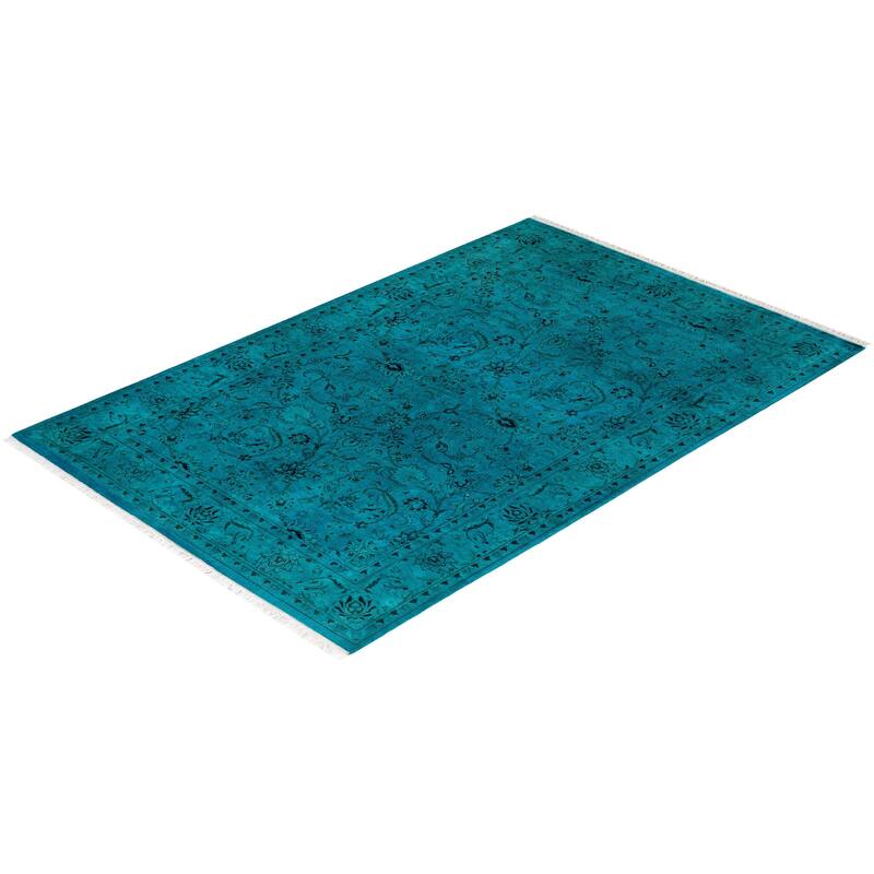 Overton Hand Knotted Wool Vintage Inspired Modern Contemporary Overdyed Blue Area Rug - 4' 2" x 6' 4"