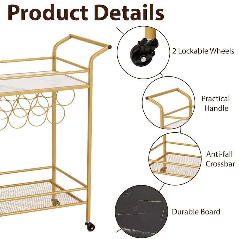 EROMMY Gold Bar Cart with Wheels, Rolling Liquor Cart with Wine Rack and Glass Holder, Modern Bar Trolley for Home Kitchen.