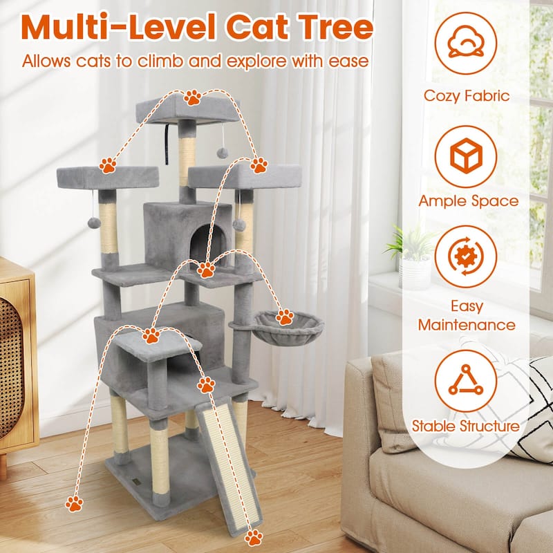 Costway 65” Tall Multi-level Cat Tree with 3 Upholstered Top Perch 2 - See Details
