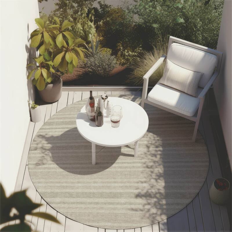 Machine Washable Indoor/ Outdoor Multi Cabana Stripe Chantille Rug - Ivory - 8' x 8'