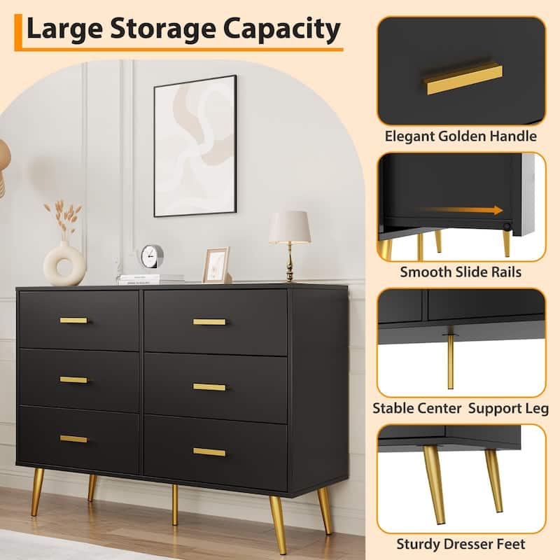 Modern 6 Drawer Dresser in White and Black, Featuring Gold Handles, Wide Wooden Drawers for Bedroom