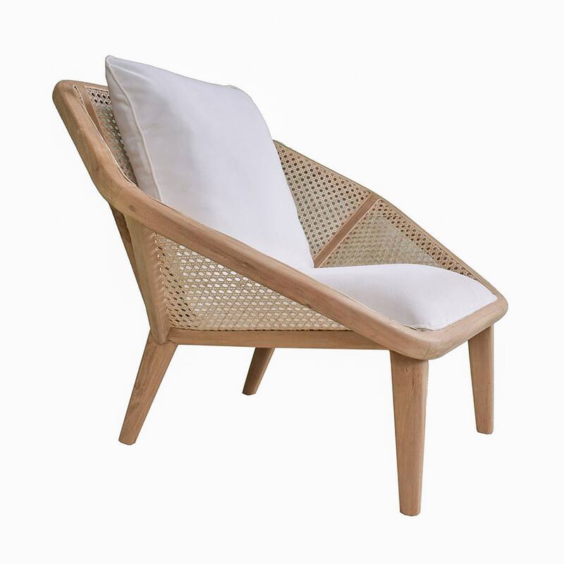 41 Inch Accent Leisure Chair with Cushion, Woven Rattan, Teak Wood, Brown