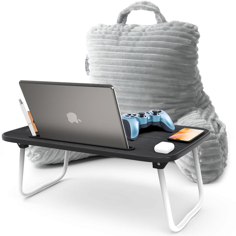 Nestl Cut Plush Reading Pillow with Portable Lap Desk Stand for Laptop - Shredded Memory Foam Back Support Bed Rest Pillow - Small - Silver