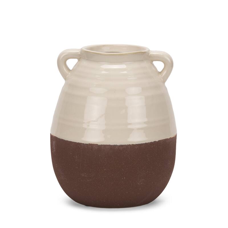 11" Brown And Cream Ceramic Amphora Table Vase - 7.87
