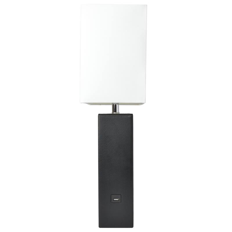 Modern Leather Table Lamp with USB and White Fabric Shade